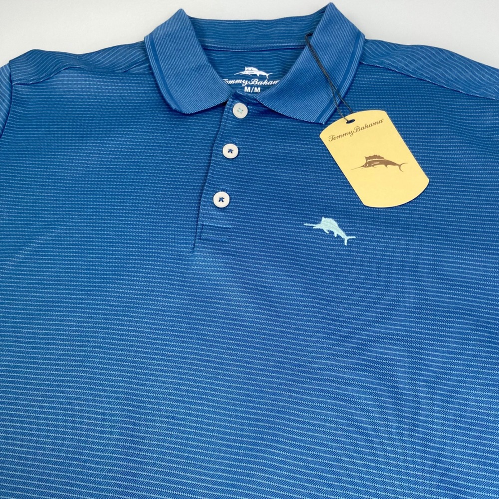 Tommy Bahama Mens M Blue Polo Shirt NEW Striped Cotton Blend Short Sleeve Marlin